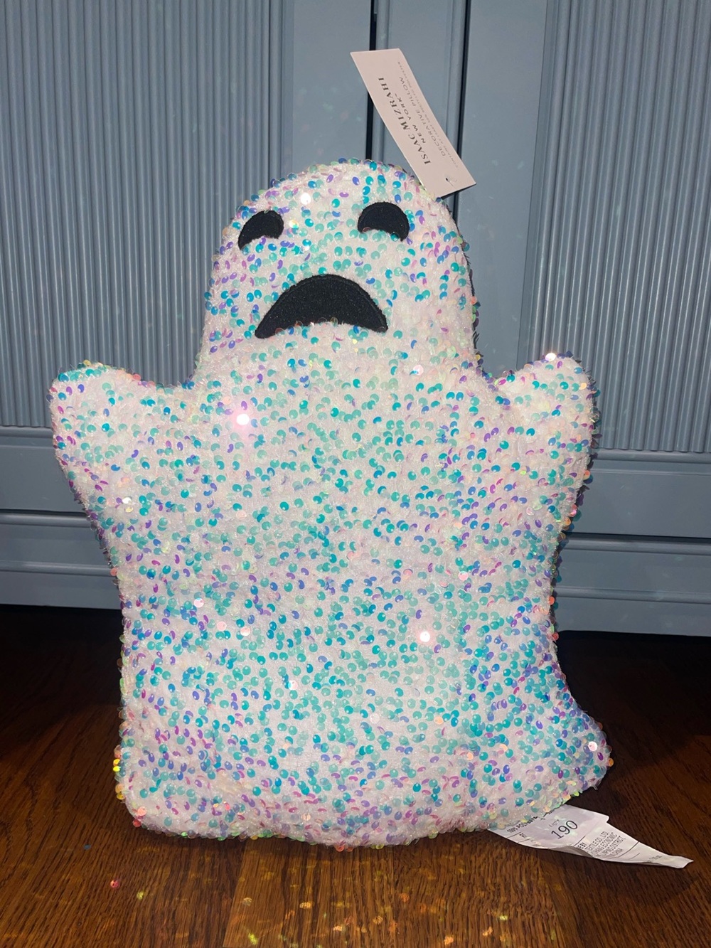 Isaac Mizrahi Halloween Ghost Pillow Iridescent Sequin 14” NWT